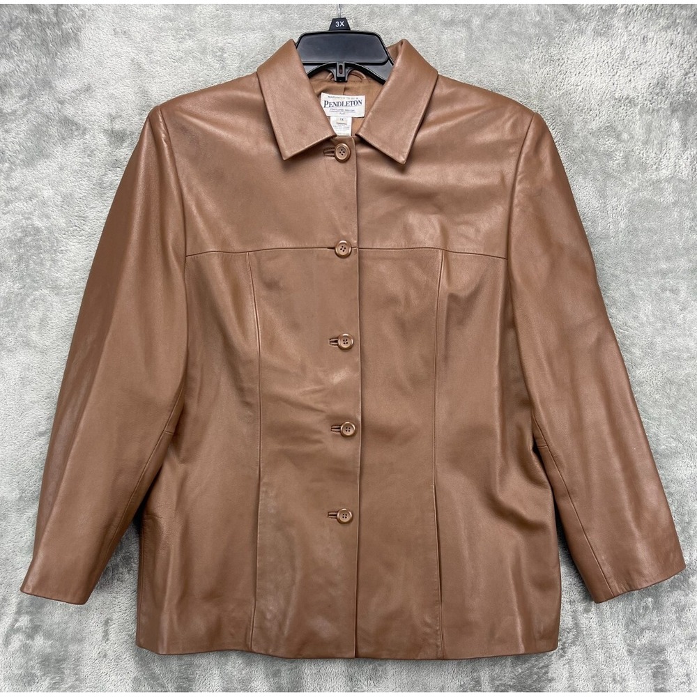 Pendleton Women's Leather Coat Jacket XL Brown‎ Button Front Collared